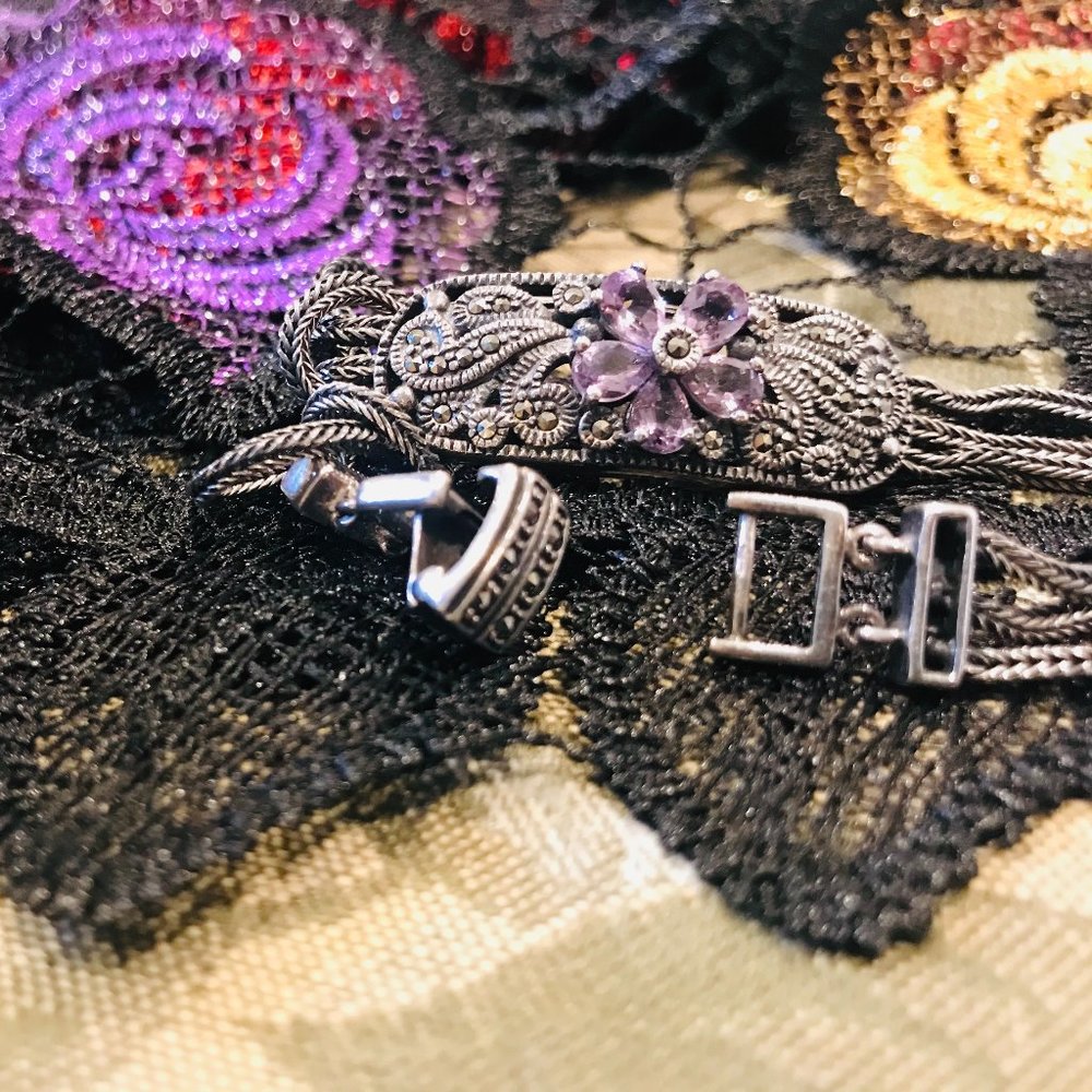 Vintage Sterling & Marcasite Bracelet and Ring Set - Picture 9 of 9